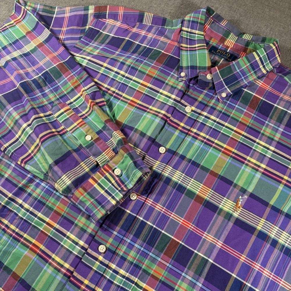 Polo Ralph Lauren Button Down Mens 3XB Purple Green Plaid Flesh Pony Logo